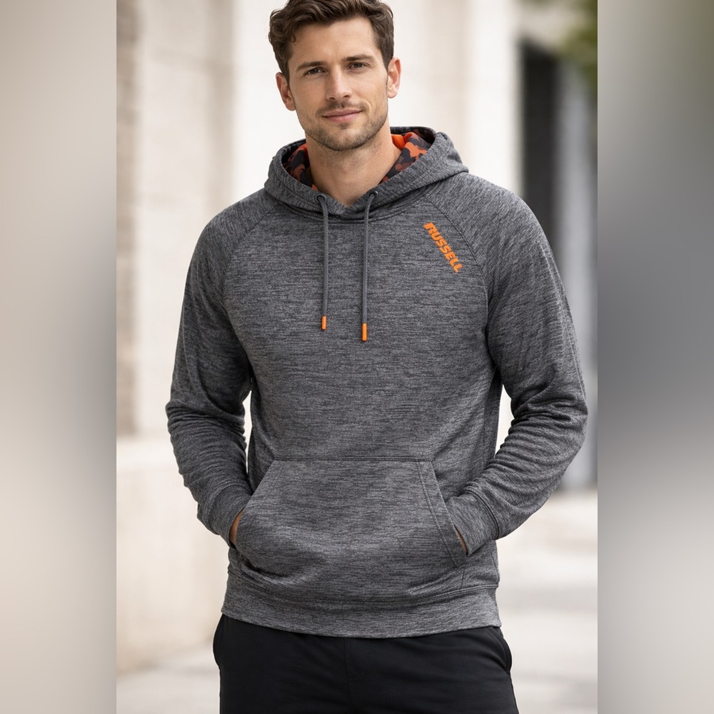 Russell Athletic Charcoal Gray and Orange Men's Performance Hoodie Logo Sz S